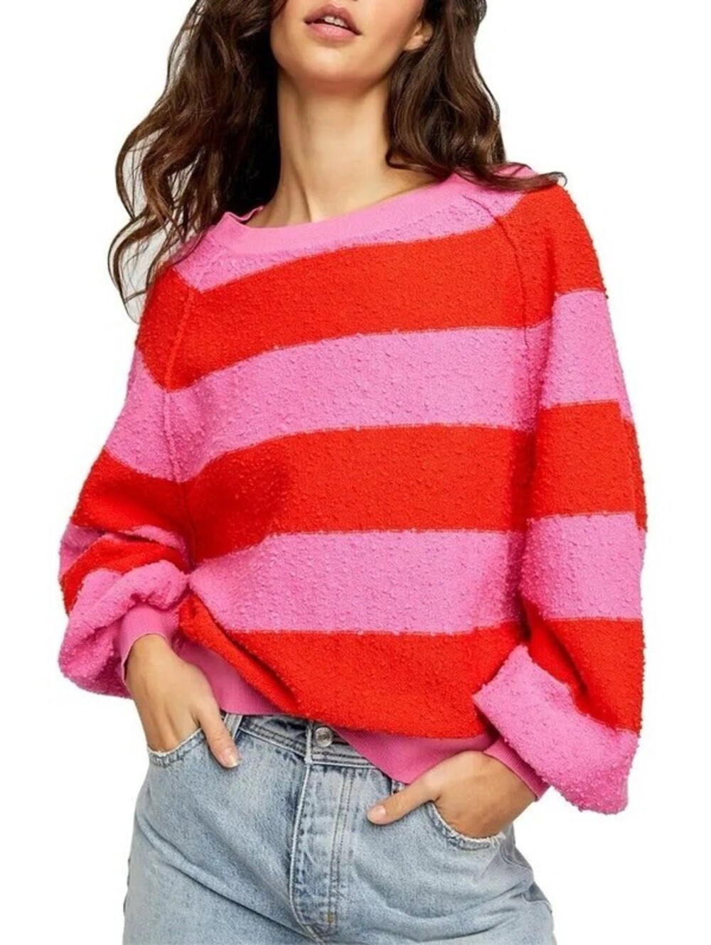 Free People Found My Friend Striped Sweater Pink & Orange Size Small Wide Neck